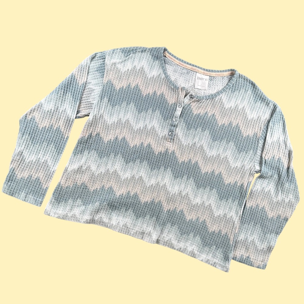 Born Henley Top Women L Blue‎ Chevron Waffle Knit Long Sleeve Cozy Sleep Lounge
